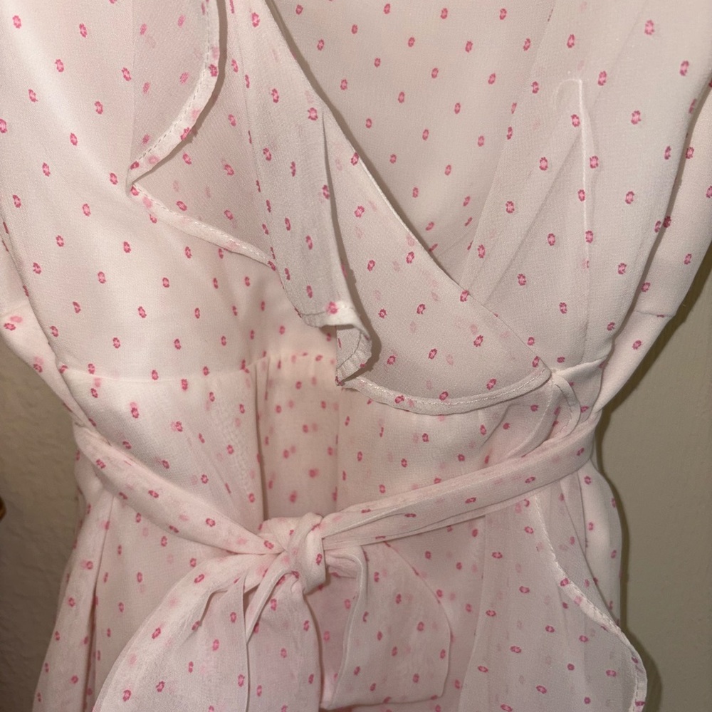 Elegant White Ruffle Dress with Pink Polka Dots